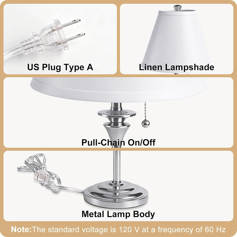 Metal Table Lamp for Bedroom, Pack of 2, Silver Base (Bulb Not Included)