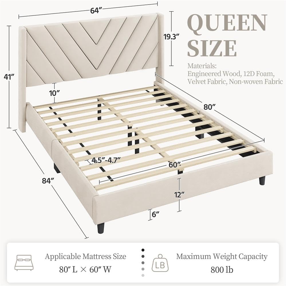 Yaheetech Queen Bed Frame with Chevron Channel-Tufted Headboard, Beige