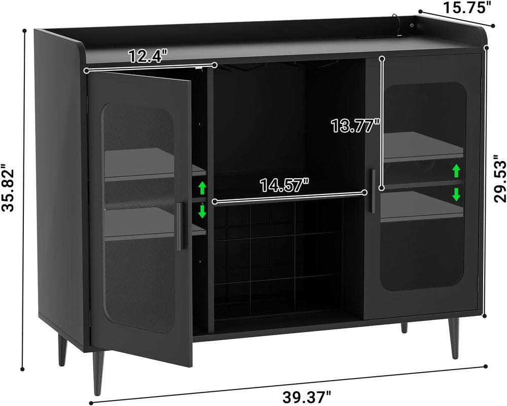 Coffee Bar Cabinet with Power Outlets and LED Light, Black
