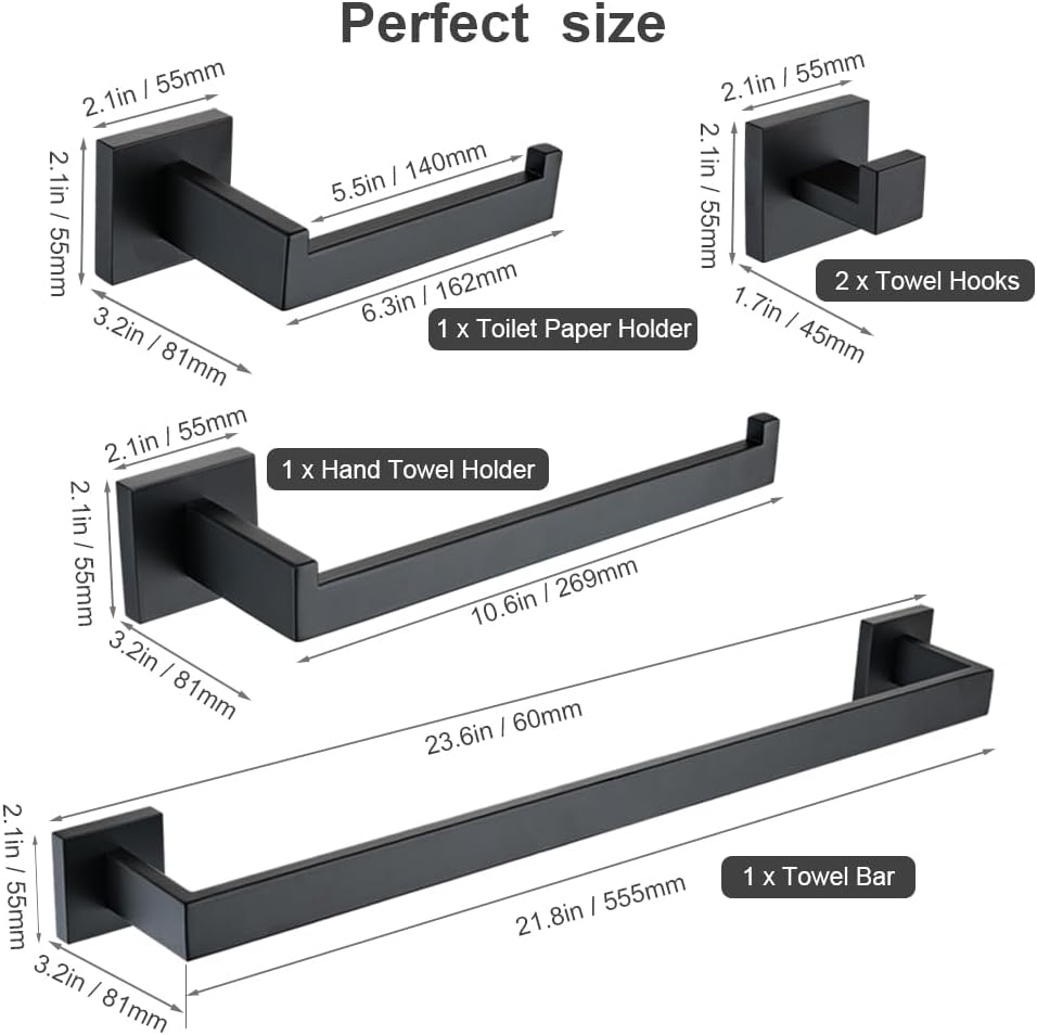 5-Piece Bathroom Hardware Set, 23.6 in Towel Bar, Matte Black