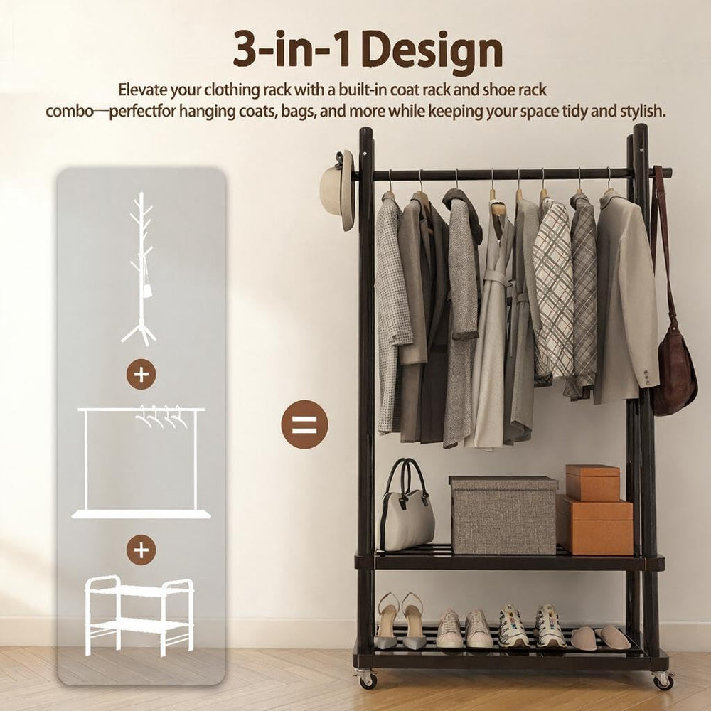 Solid Wood Clothing Rack with Wheels, Garment Rack Shelves, 31.5"W BLACK
