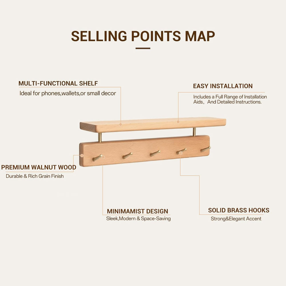 Beech Wood Coat Rack with Shelf, Wall Mounted Rack with 5 Hooks