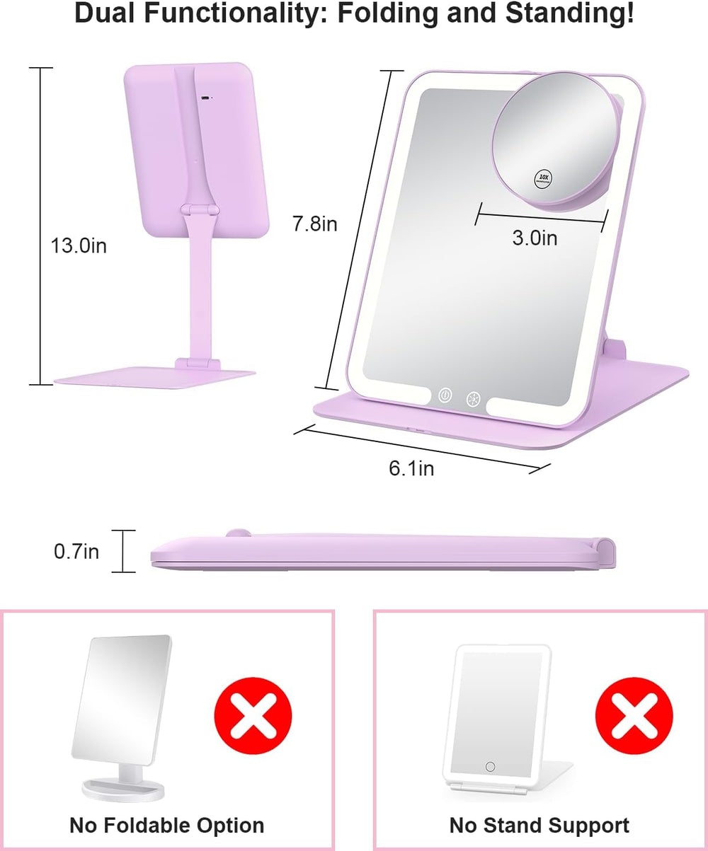 Gospire Travel Makeup Mirror with Lights and Magnification 10X, Purple