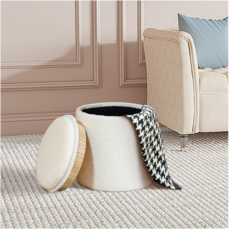 PINPLUS Round Storage Ottoman with Tray, Off-White Boucle Footstool