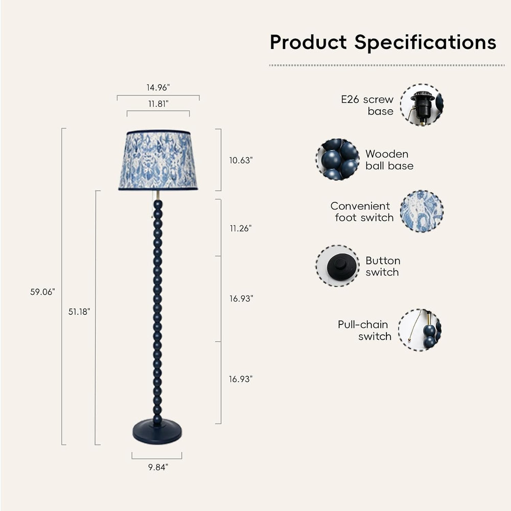 Blue Wood Base Floor lamp，14x14x59 inch Country Style Floor lamp,Modern Pleat...