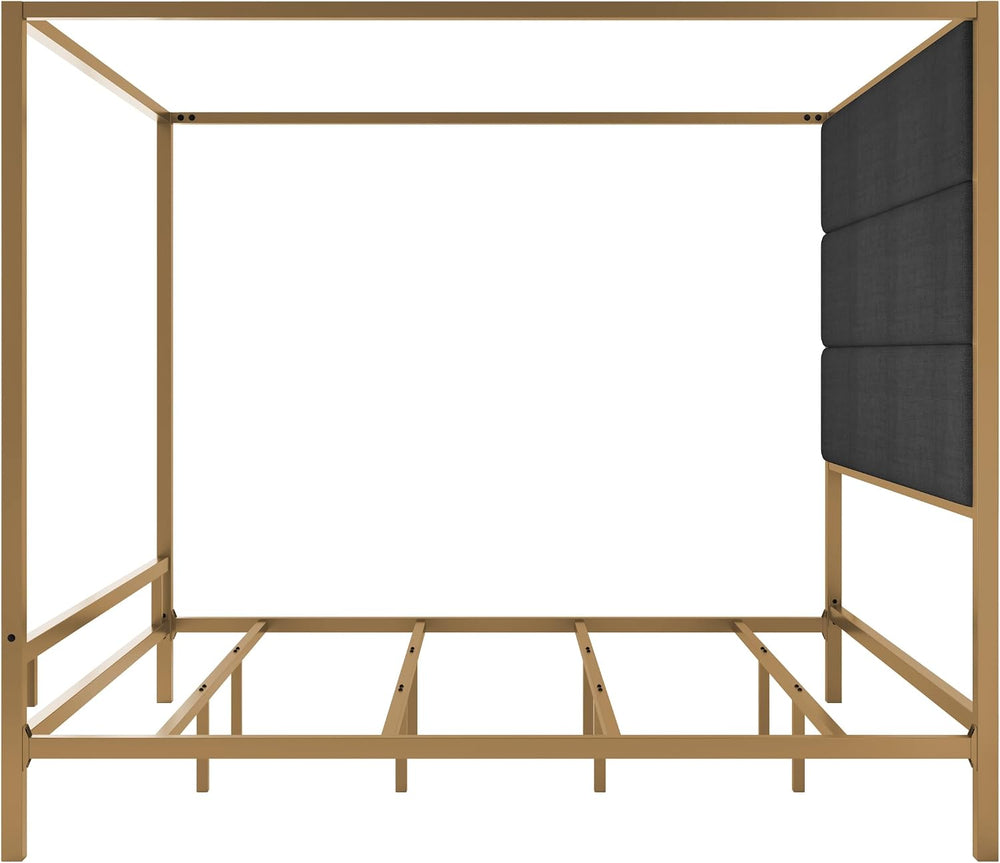 Merax King Canopy Bed Frame with Tall Linen Headboard, Metal 4 Poster Bed