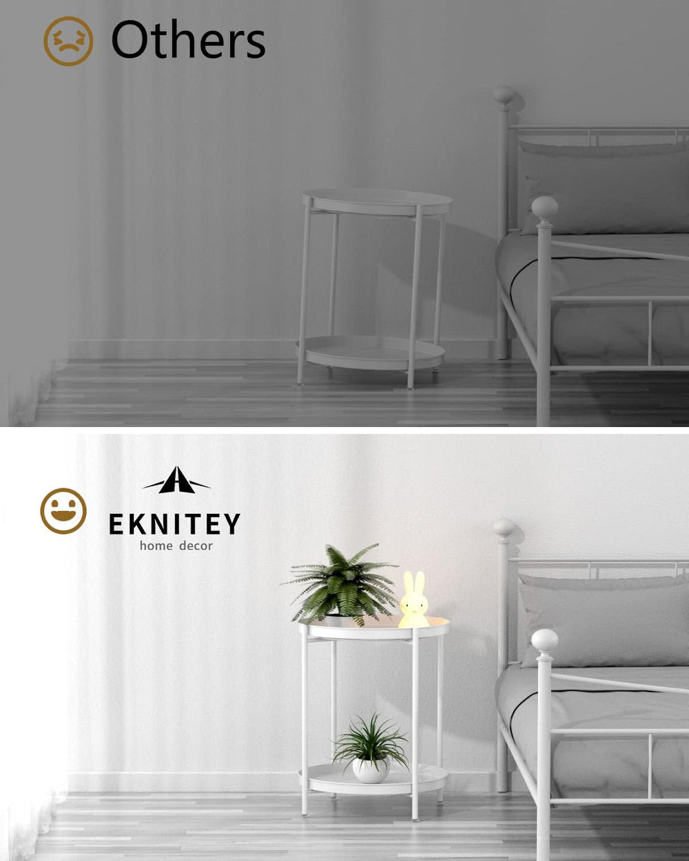 EKNITEY 2 Tier End Table - Metal Side Table with Removable Tray (White)