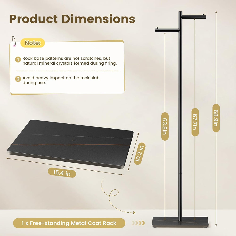 Metal Freestanding Coat Rack, 68.9"H Z-Shaped Coat Tree with Natural Roc...