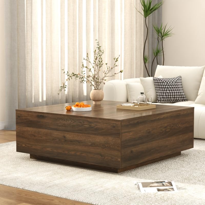 43 Inch Large Square Coffee Table with Storage,Wooden Coffee Table((Walnut)