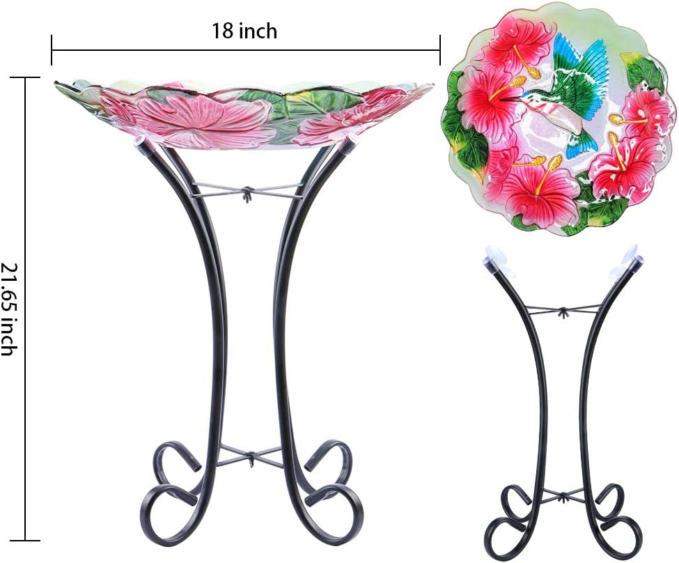 MUMTOP Outdoor Glass Birdbath with Metal Stand for Garden Hummingbird Decor