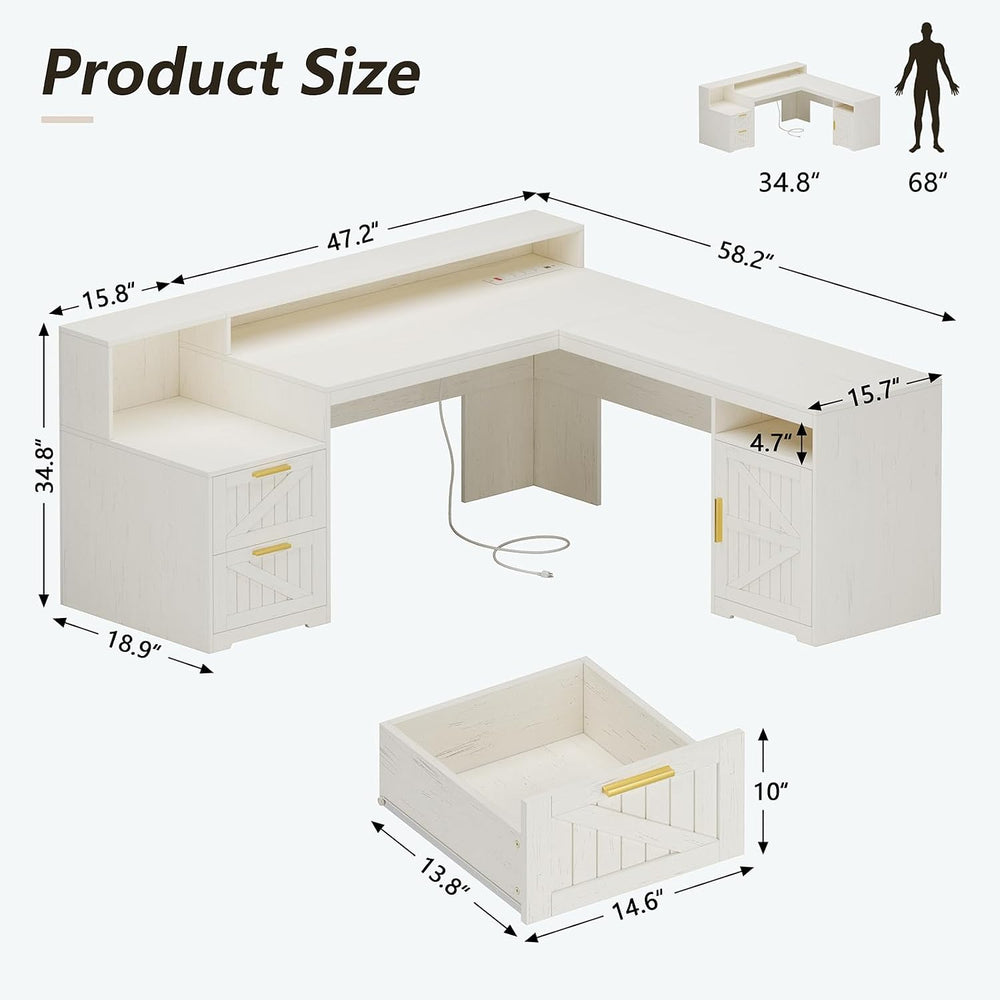 63" Farmhouse L Shaped Desk with Drawers & Printer Shelf for Home Of...