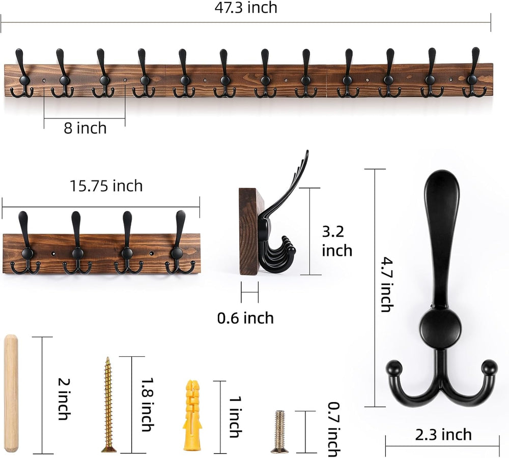 Coat Rack Wall Mount 47.3'' Solid Wood and 12 Hooks for Entryway