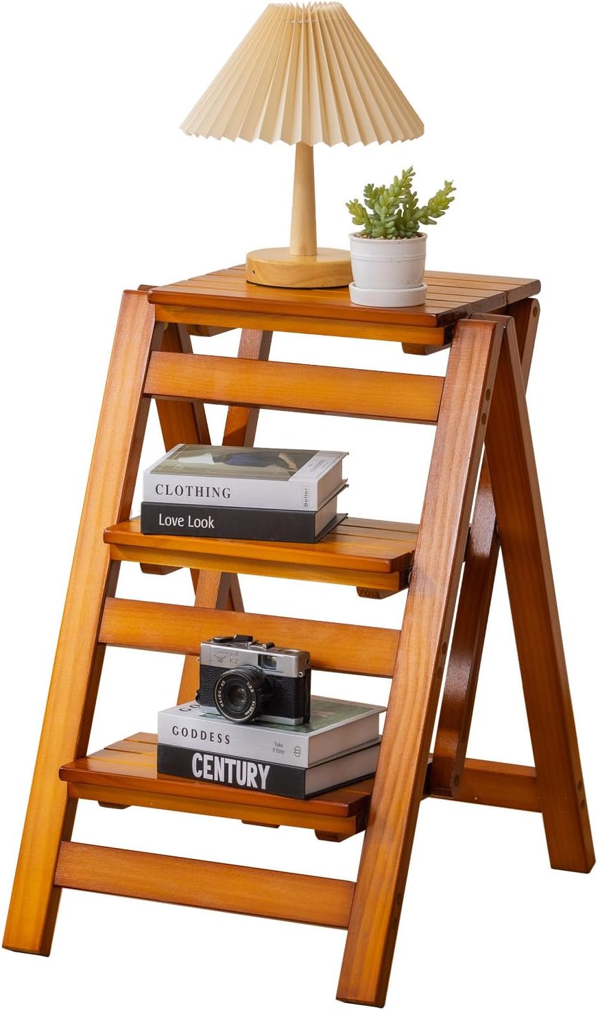 Latifolia Foldable 3 Step Ladder, Wooden Step Stool with Floor Saver, Decorat...