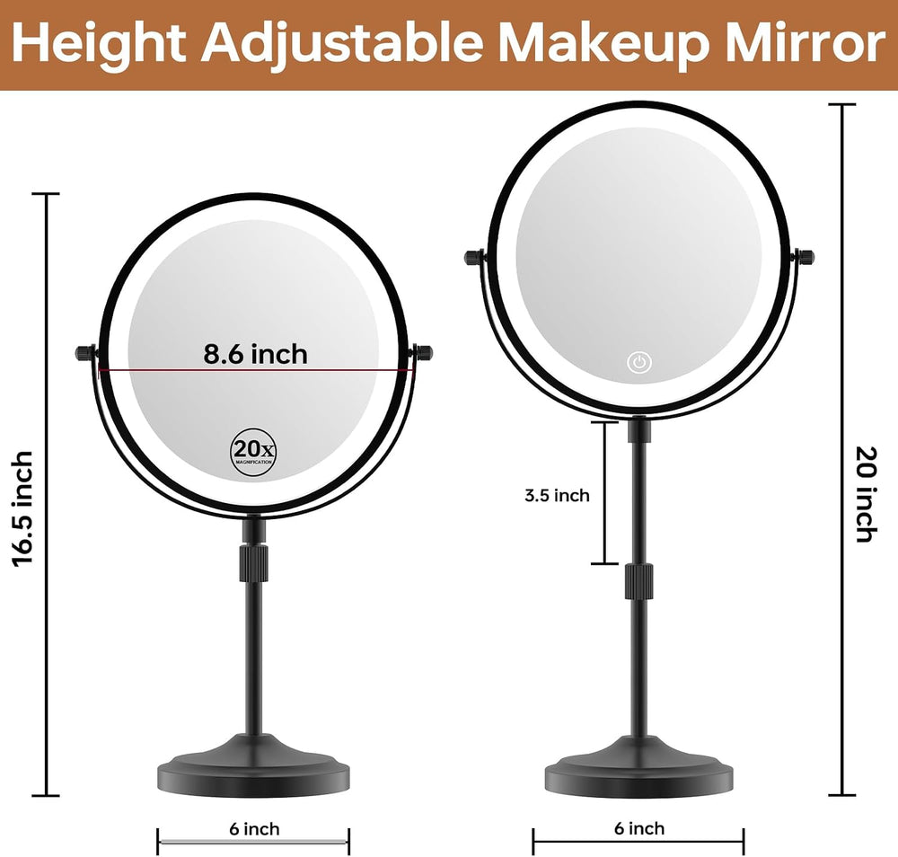 9" Tall Lighted Makeup Mirror with Lights and 1X 20x Magnification, Black
