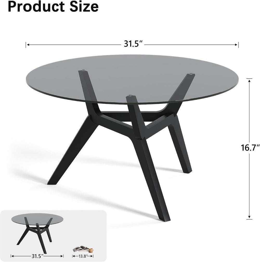 Vlsrka Round Glass Coffee Table, Soild Wood Base, 31.5" W, Black