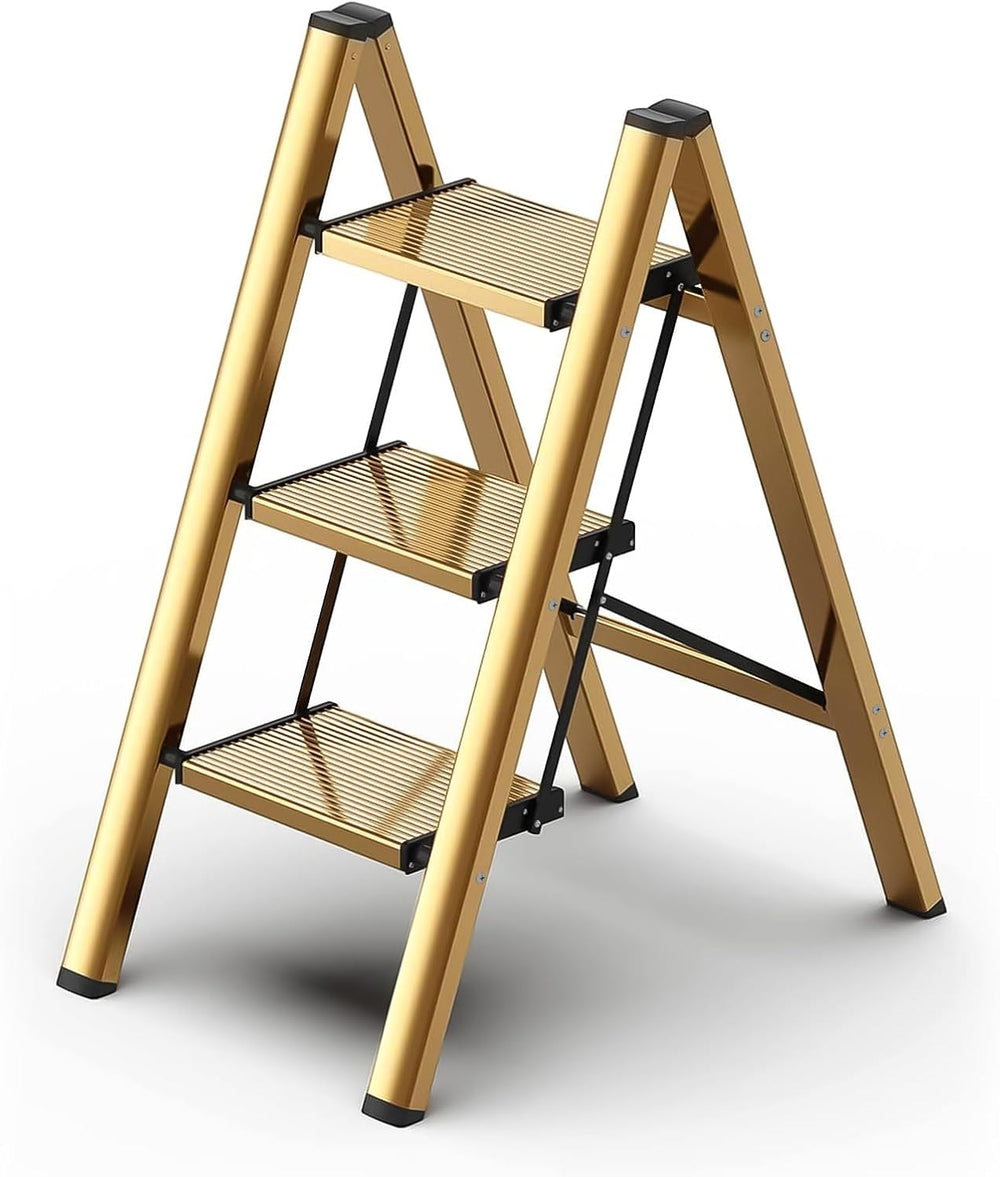 HISMOCAL 3 Step Stool, Gold Aluminum Folding Step Ladder, 330 lb Capacity, Wi...