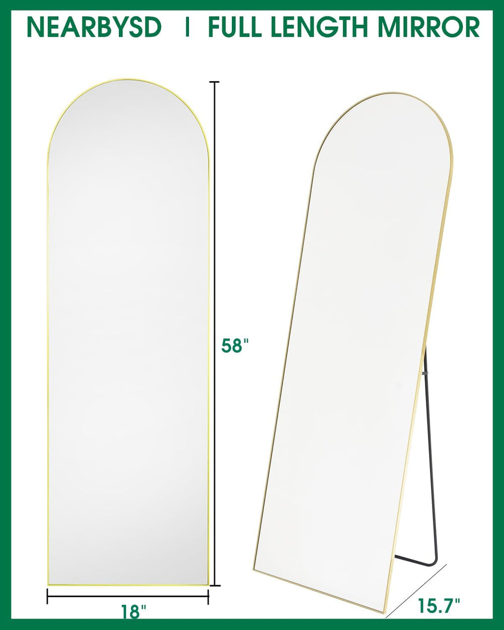 NEARBYSD 58"x18" Arched Full Length Mirror, Gold