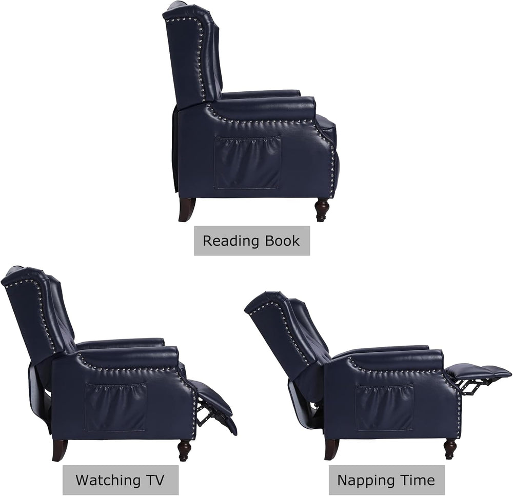 Wingback Chair, Push Back Recliner Armchair, Navy Blue, Pair