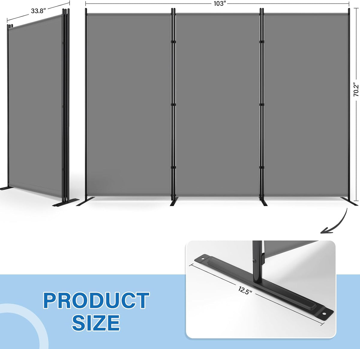 AKTOP 3 Panel Room Divider, 103" W x 70" H Folding Privacy Screen, Grey
