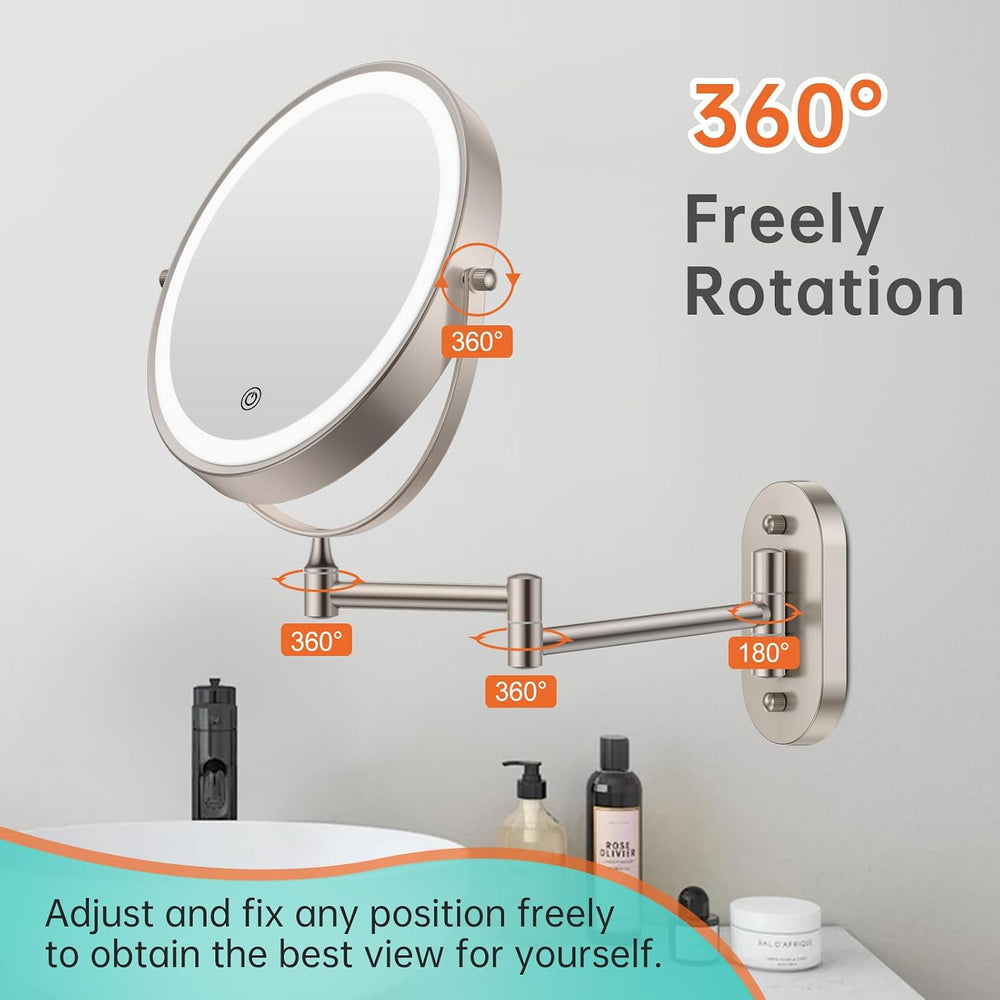 5000mAh Rechargeable Wall Mounted Lighted Makeup Vanity Mirror1X/30X Nickel