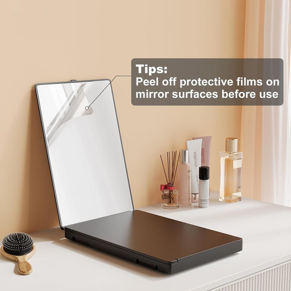 Dripex 3 Way Mirror with Lights & Storage Shelf, Trifold Haircut 360 Mirror