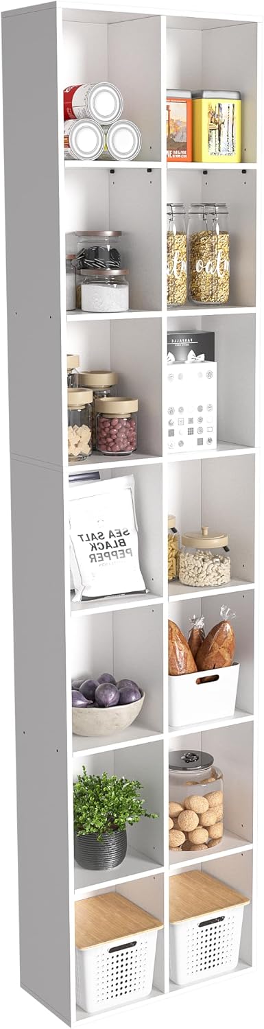 71" Tall Shallow Bookcase DVD Storage Shelf, 14 Cubes 7 Tier Narrow Wide...