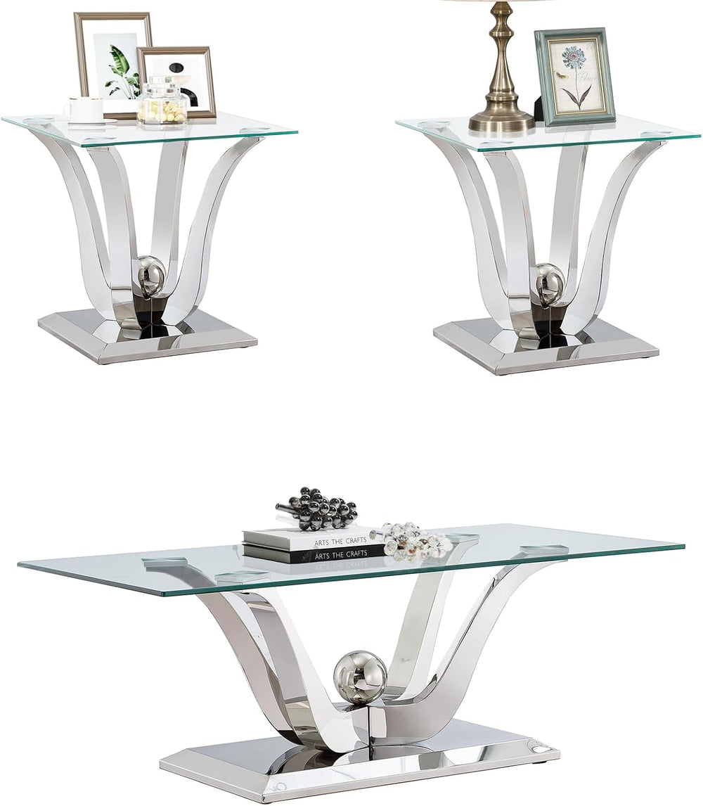 Luxury Glass Coffee Table Set of 3 Piece Silver Living Room Table Set of 3 In...