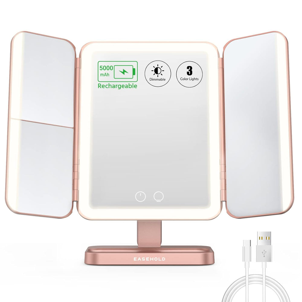 EASEHOLD Trifold Lighted Makeup Vanity Mirror with Lights and Magnification