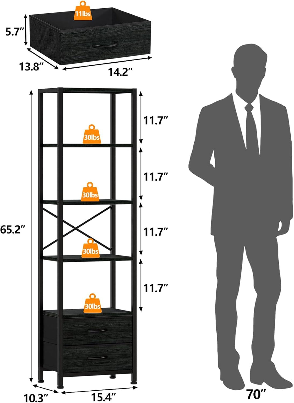 Furnulem 5-Tier Tall Corner Shelf, Narrow Bookshelf with Drawers