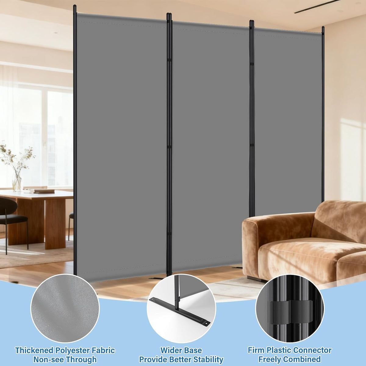 AKTOP 3 Panel Room Divider, 103" W x 70" H Folding Privacy Screen, Grey