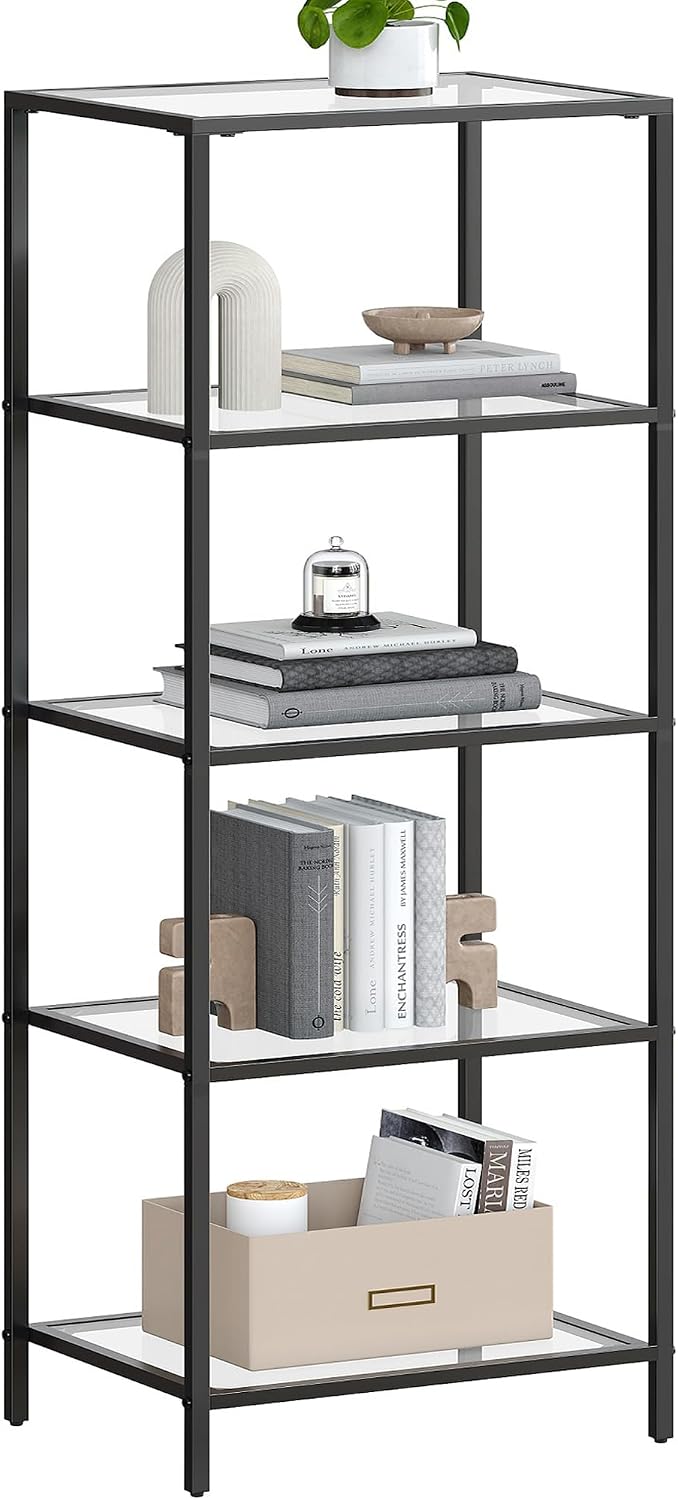VASAGLE Bookcase Bookshelf, Tempered Glass Bookshelves, Steel Frame