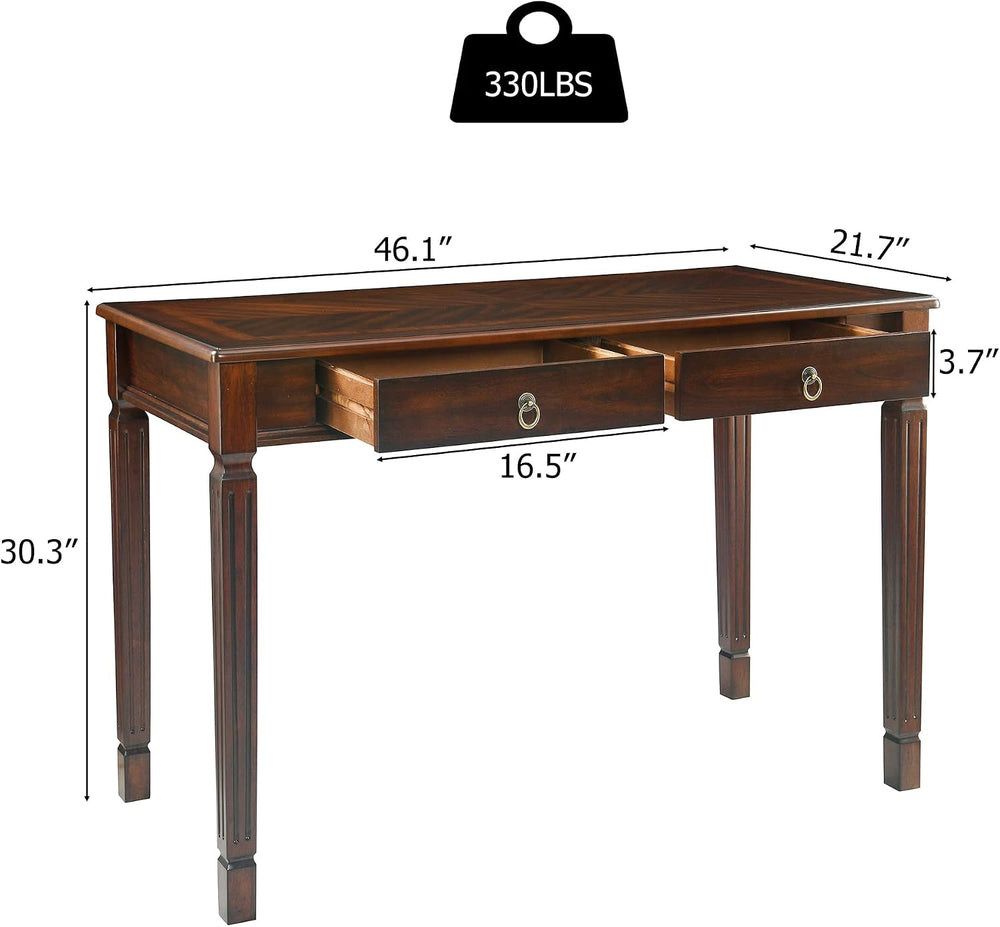 Solid Wood Writing Desk with 2 Drawers, 46"W Large Secretary Table
