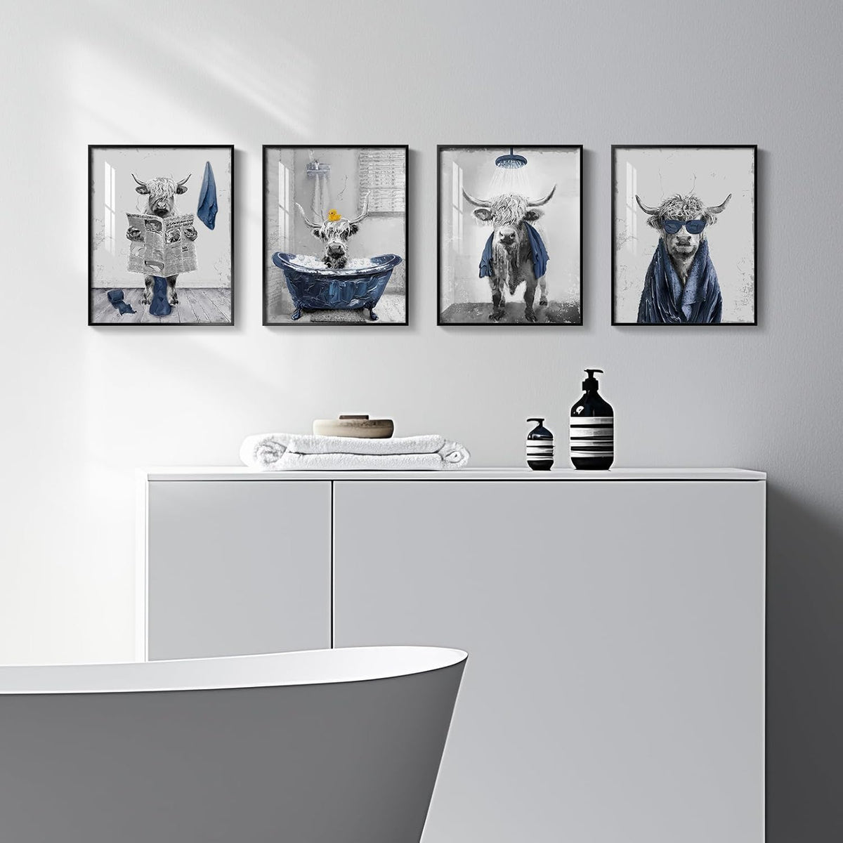 Framed Highland Cow Funny Animal Bathroom Wall Art, 4 Piece 8x10 In