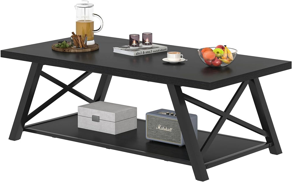 EXCEFUR Black Coffee Table, Modern Wood and Metal Center Table with Storage S...