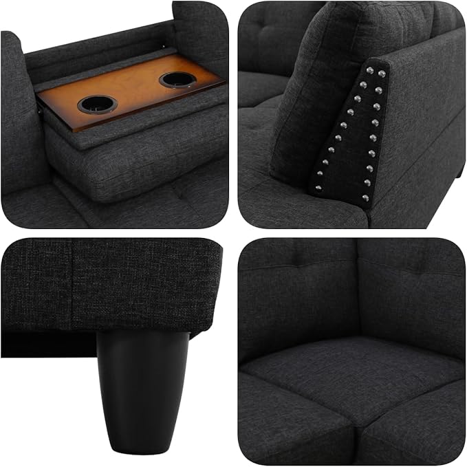 Sectional Couches for Living Room with Movable Chaise & Storage Ottoman - 97.5" Linen L Shaped Couches for Living Room Apartment, Home Modular Sectional Sofas with Cup Holder, Grey