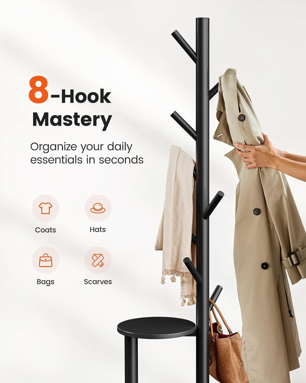 Pipishell Solid Wood Freestanding Coat Rack with 8 Hooks & Shelves, Black