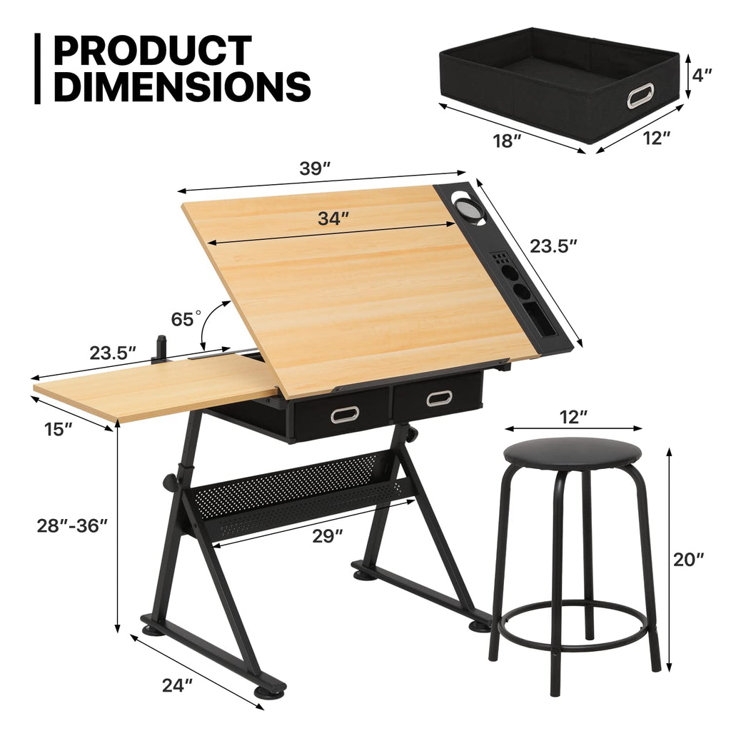 monibloom 39‘’ adjustable drafting table & stool set, close-up detail