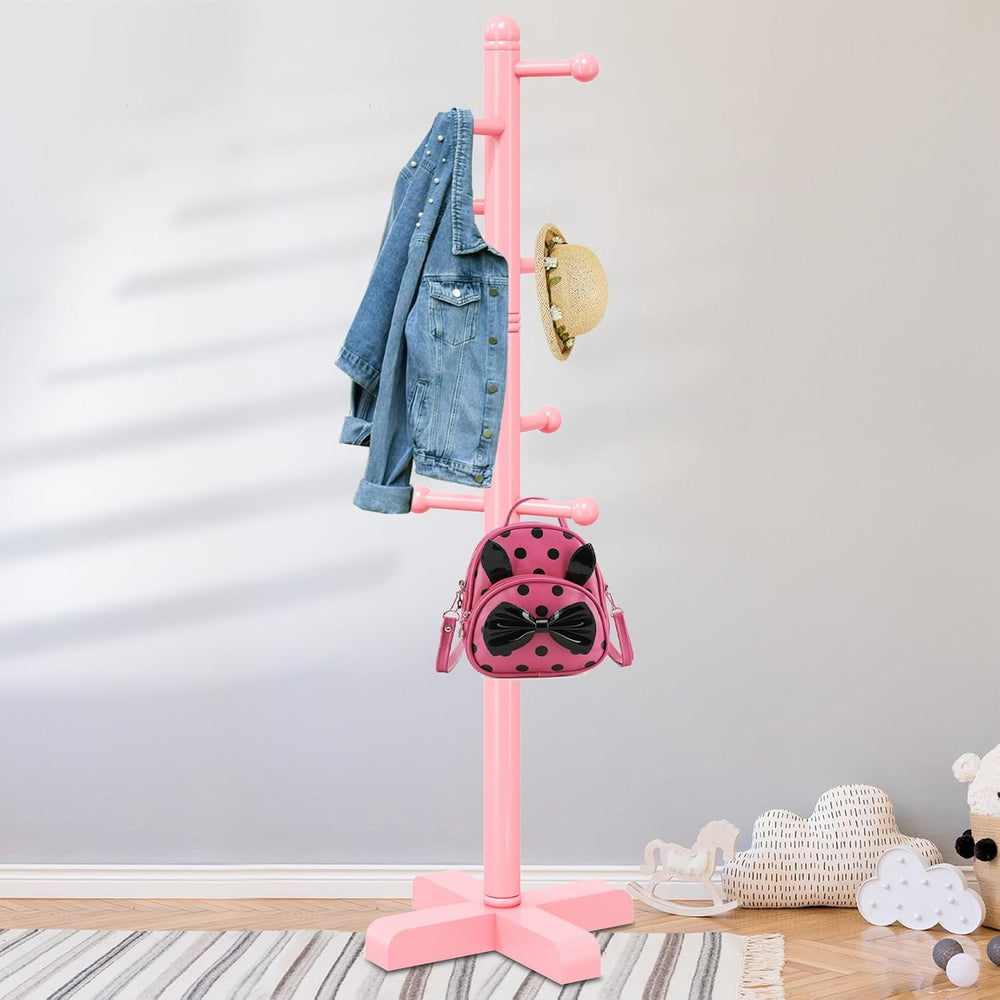 8-Hook Freestanding Wooden Coat Rack 2 Adjustable Heights Pink