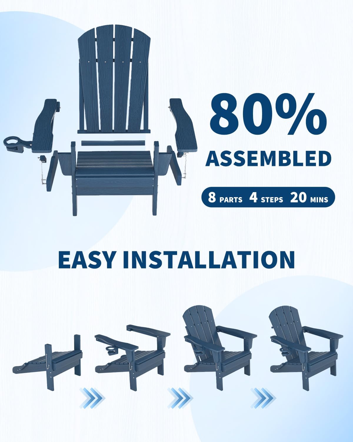 HDPE Folding Adirondack Chair Set of 2 with Side Table, Navy Blue