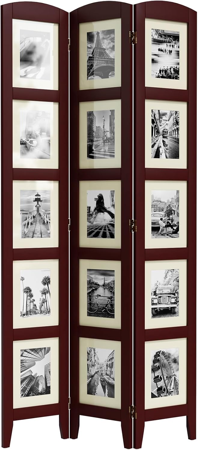 SZQINJI 3 Panel Photo Room Divider Screen, Walnut