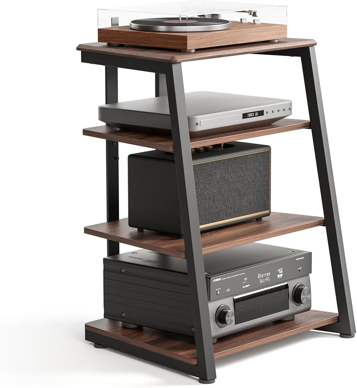FITUEYES 4-Tier AV Media Stand Corner Shelf for Record Player HiFi, Walnut