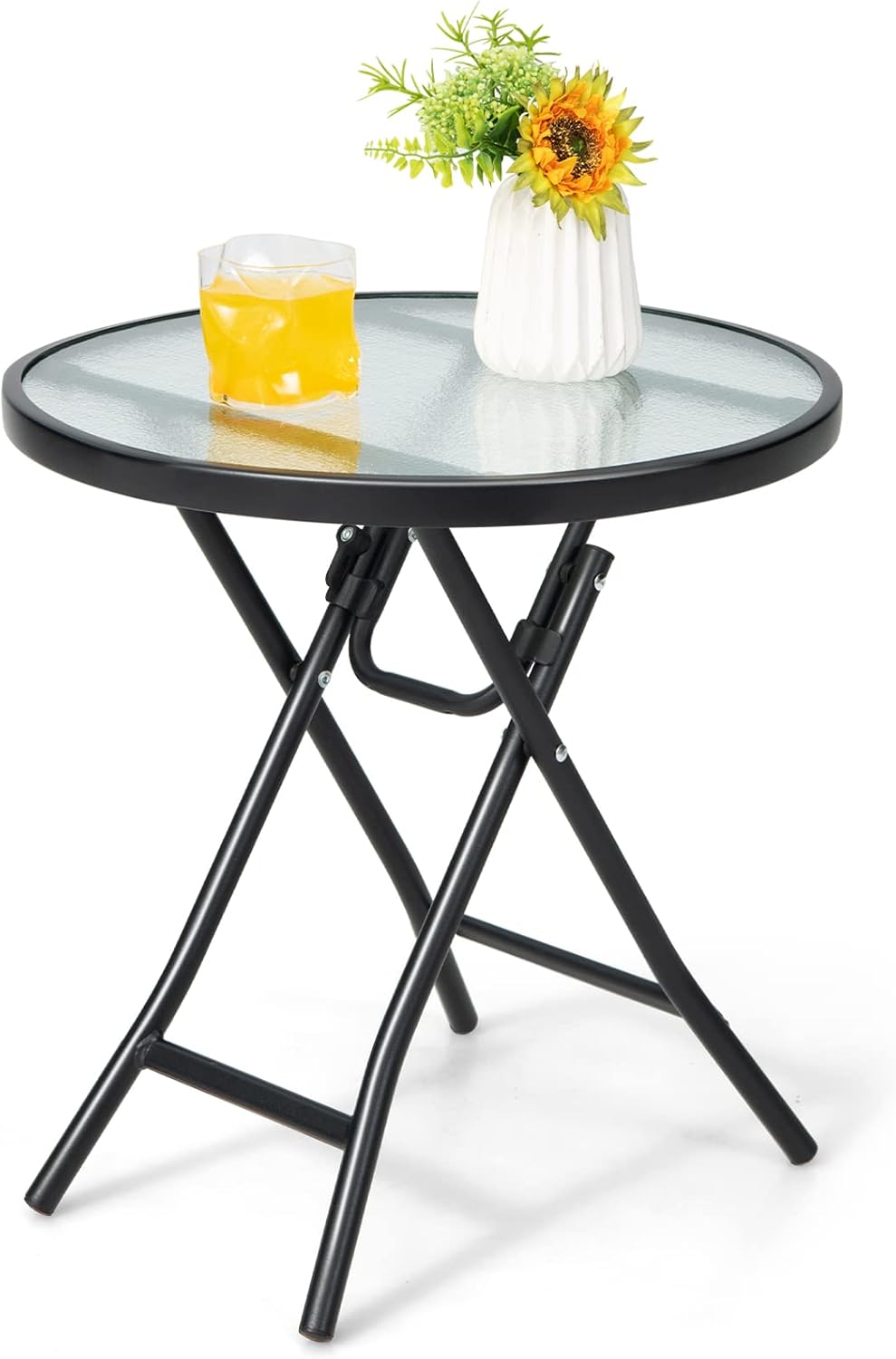 HAPPYGRILL Outdoor Side Table, Folding Small Patio Table with Tempered Glass ...