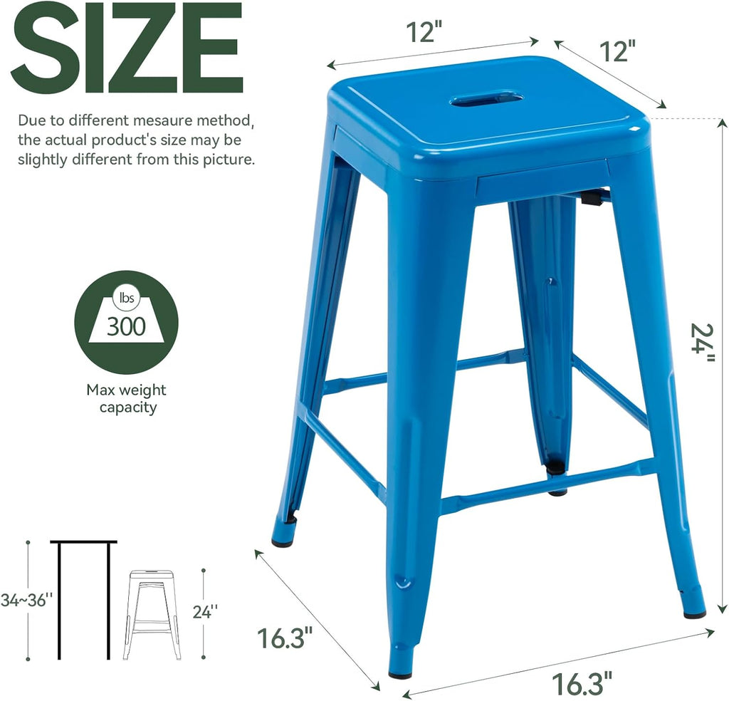 24 Inch Metal Bar Stools Set of 2, Stackable for Indoor Outdoor, Blue