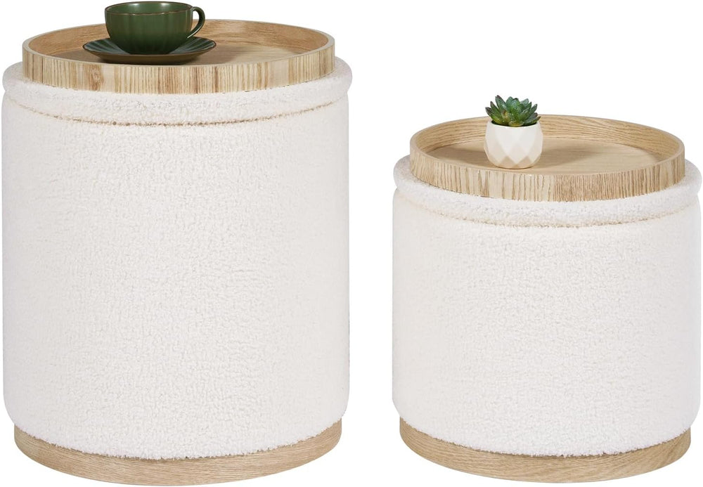 PINPLUS Round Storage Ottoman Set of 2, Cream Boucle Stools with Tray