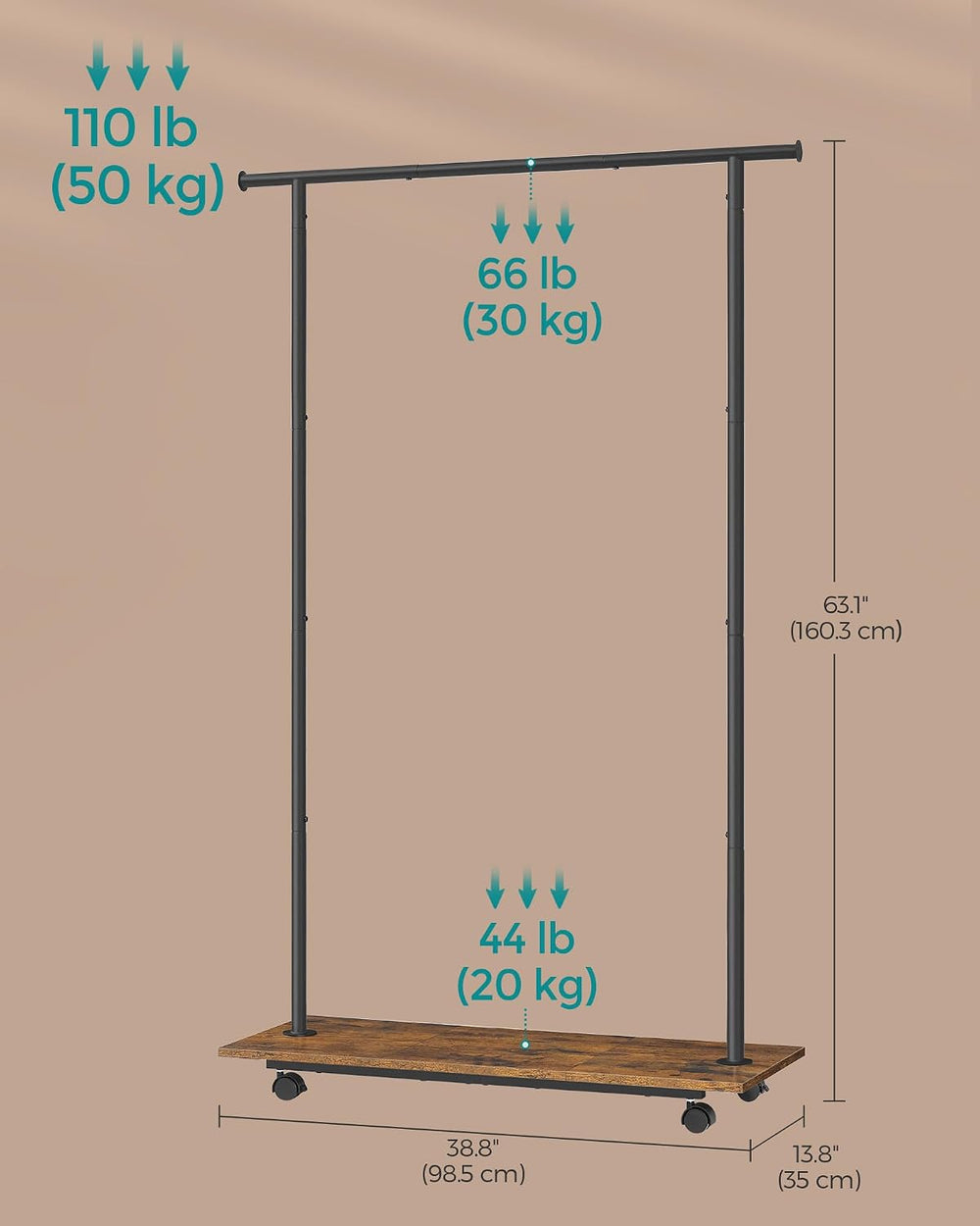 SONGMICS Clothes Rack with Wheels, Metal Garment Rack with Shelf