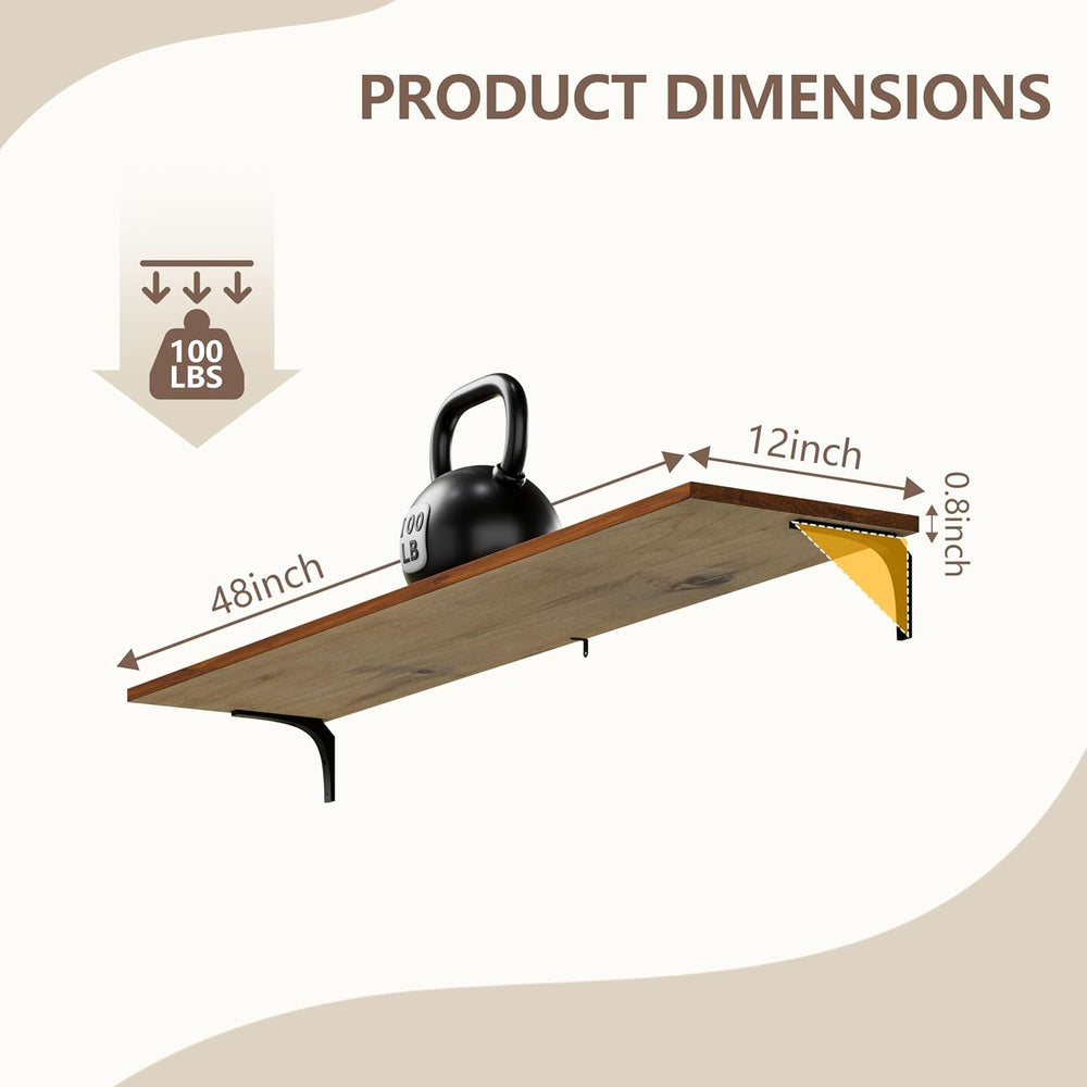 Deep Floating Shelves for Wall 48 Inch Pine Wood, Set of 2, Walnut