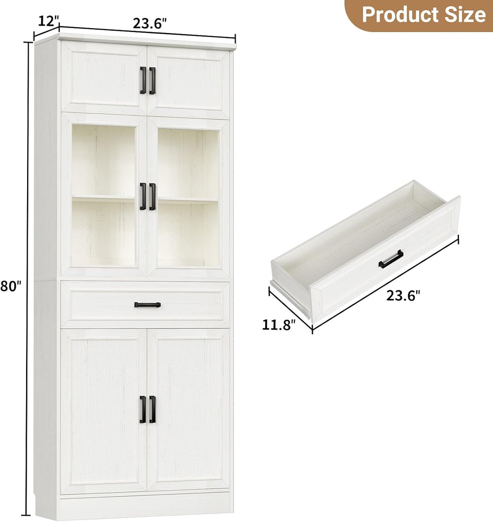 Unikito 80" Kitchen Pantry Cabinet with Glass Doors and Drawer Organizer