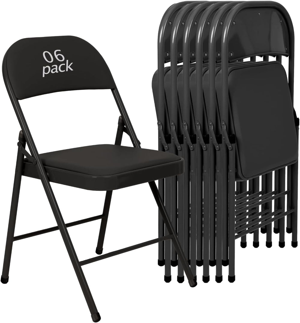 6 Pack Padded Folding Chairs, PU Leather Seat, 350 lb, Black