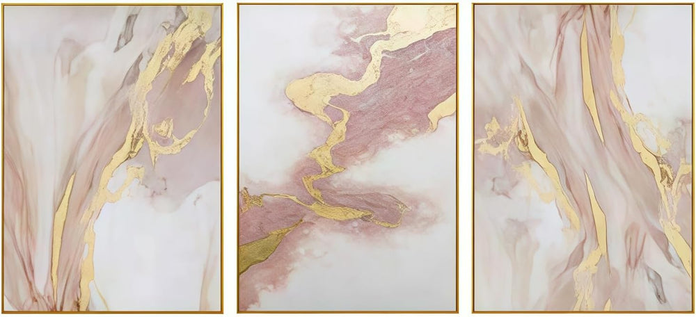 3 Piece Living Room Pink Wall Art, Framed Gold Abstract Painting Water Flow S...