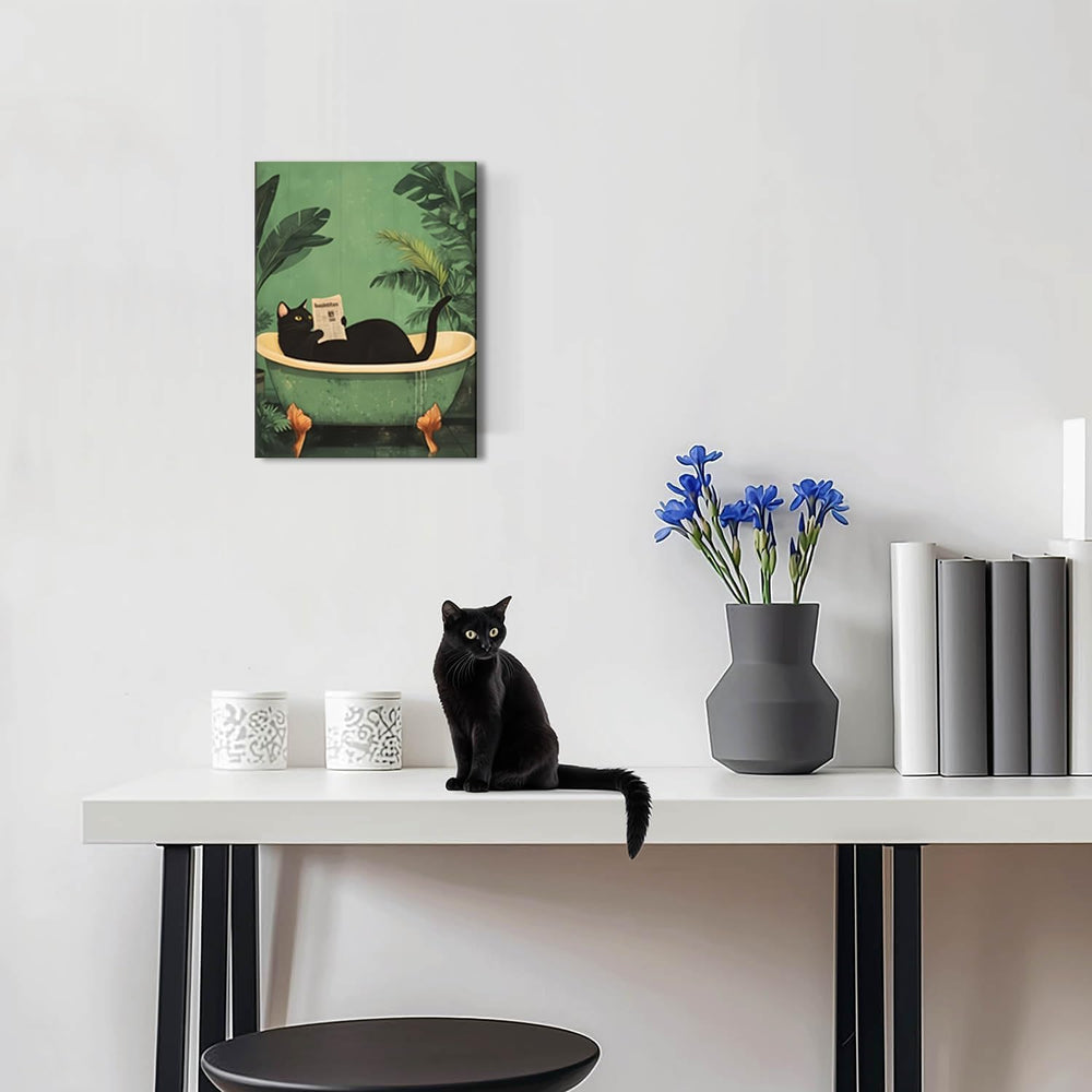 Funny Bathroom Black Cat Wall Art Set of 3, Whimsical Animal Bathroom Wall De...